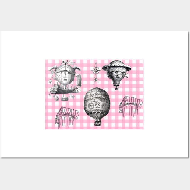 Victorian air balloons on pink gingham Wall Art by SophieClimaArt